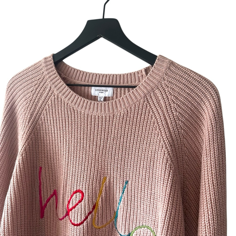 AnnieWear Pink Knit Sweater “Hello” Graphic Pullover Rainbow Letters - Picture 3 of 10